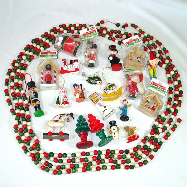 Lot Painted Wood Christmas Ornaments, Garlands