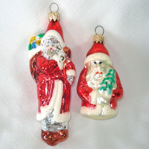 Pair 1980s West German Glass Santa Claus Christmas Ornaments