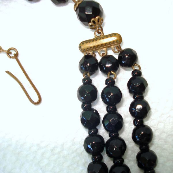 Black Glass West Germany Triple Strand Bead Necklace #2