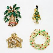 Lot 4 Enamel, Rhinestone Christmas Jewelry Pins Brooches