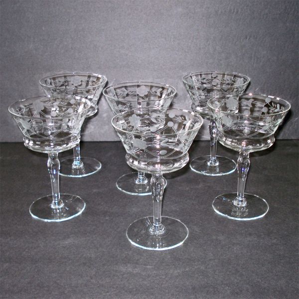 6 Paneled Optic Crystal Liquor Cocktail Stems Cut Swags Flowers #2