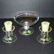 Avon Christmas Holly Glass Candlesticks, Console Bowl