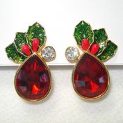 Avon Christmas Holly Clip Earrings Rhinestone Enamel