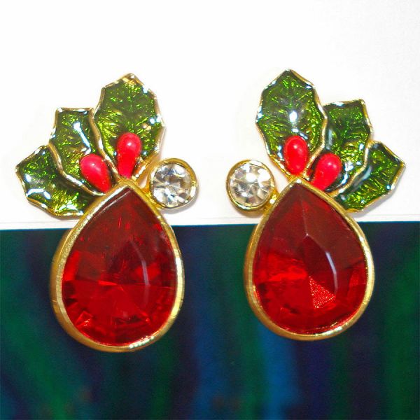 Avon Christmas Holly Clip Earrings Rhinestone Enamel #4