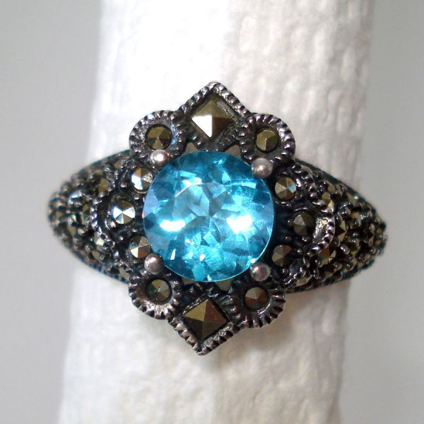 Judith Jack Blue Topaz Marcasite Sterling Ring Size 8.5