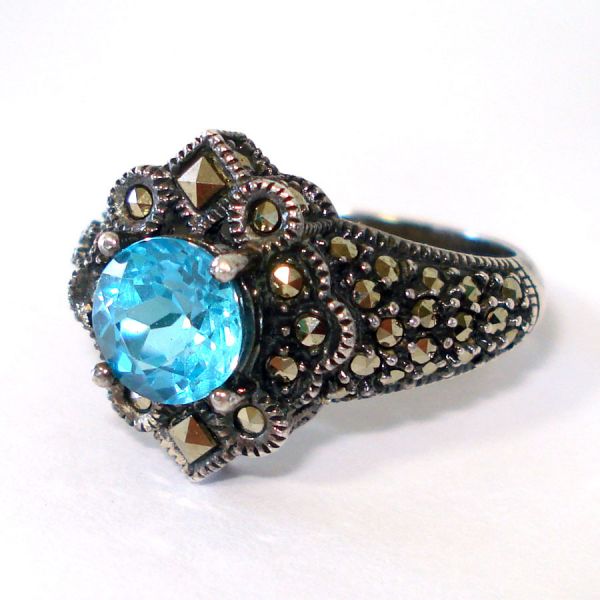 Judith Jack Blue Topaz Marcasite Sterling Ring Size 8.5 #2