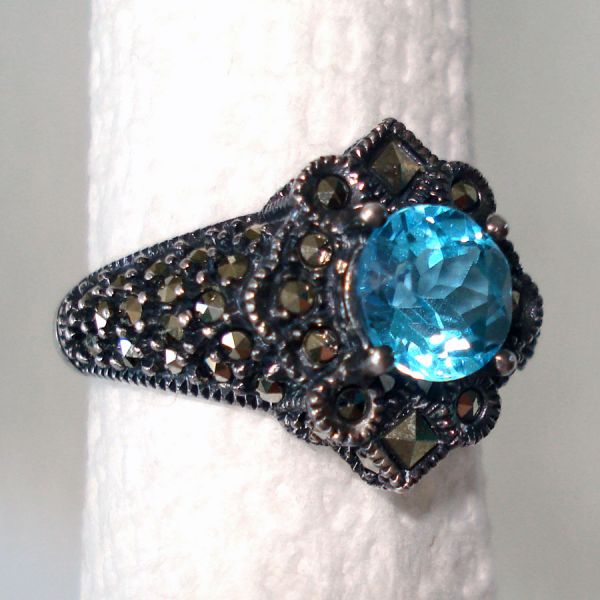 Judith Jack Blue Topaz Marcasite Sterling Ring Size 8.5 #3