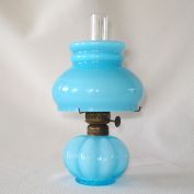 Blue Cased Glass Miniature Oil Lamp Melon Rib Base