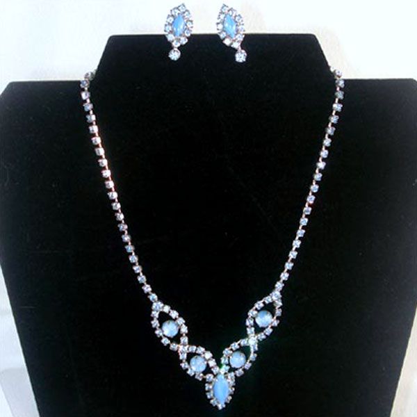 Blue Rhinestone and Moonglow Necklace Earrings Set #6