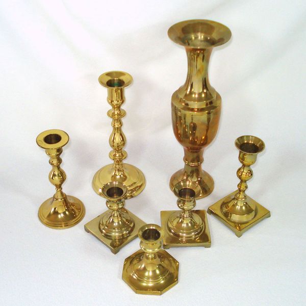 Brass 1970s Candlesticks and Vase Lot 7 Pieces