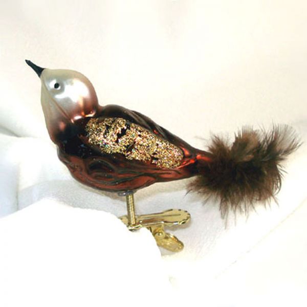 Glittered Red-Brown Glass Clip Bird Christmas Ornament Feather Tail #2