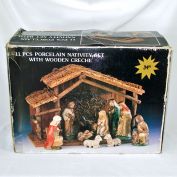 Porcelain 11 Piece Christmas Nativity Set With Wood Creche