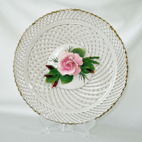 Capodimonte Porcelain Pink Rose Basketweave Wall Plate #2