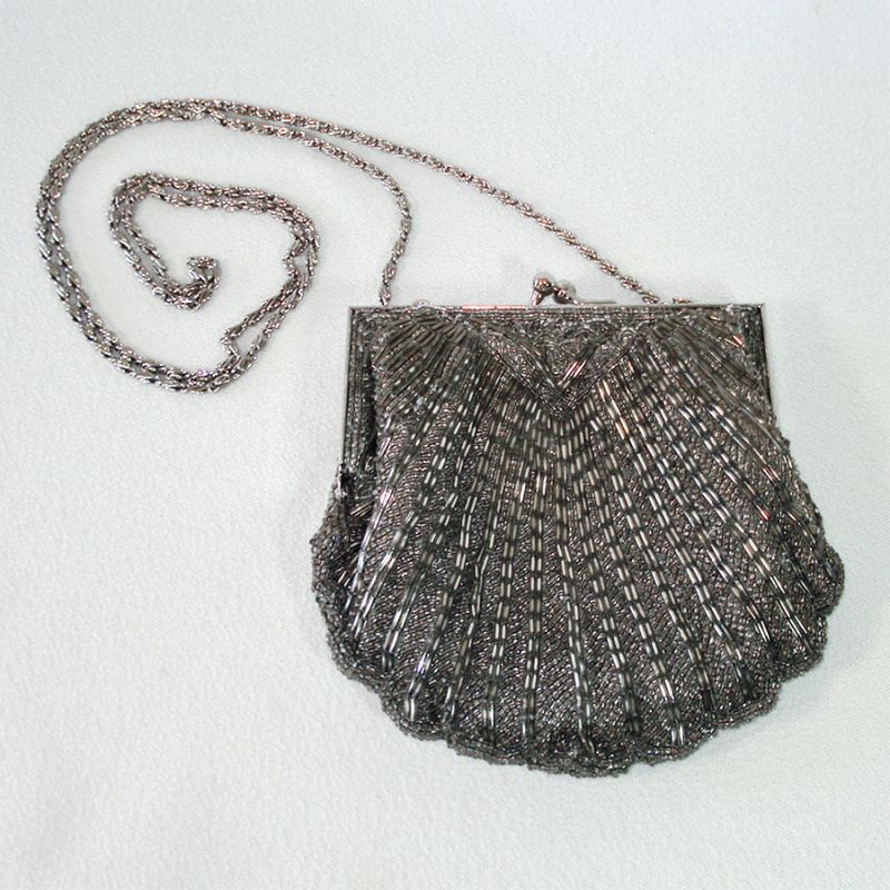 La Regale Silver Beaded Evening Bag Purse Clutch Pouch Shoulder Strap