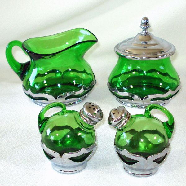 Art Deco Farber Krome Kraft Cambridge Green Sugar Creamer Salt Pepper Set