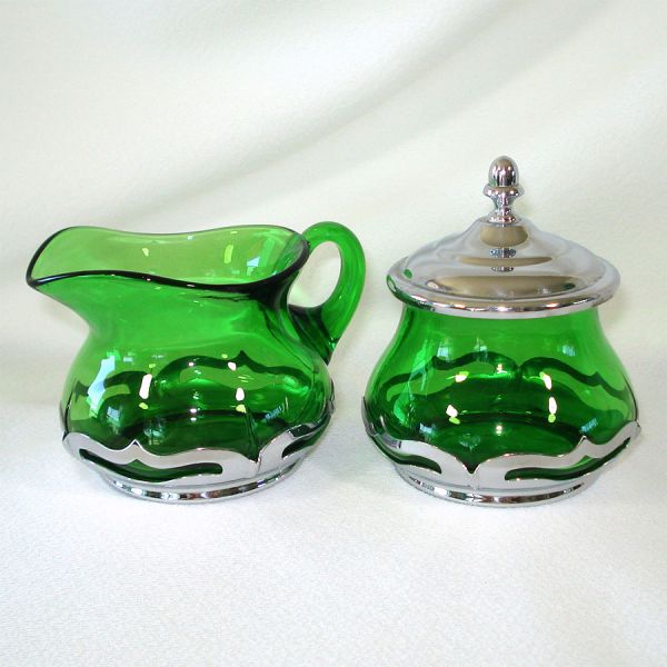 Art Deco Farber Krome Kraft Cambridge Green Sugar Creamer Salt Pepper Set #2