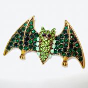 Green Rhinestone Goldtone Flying Bat Brooch for Halloween