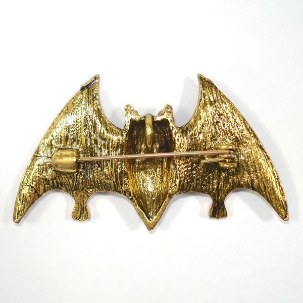 Green Rhinestone Goldtone Flying Bat Brooch for Halloween #2