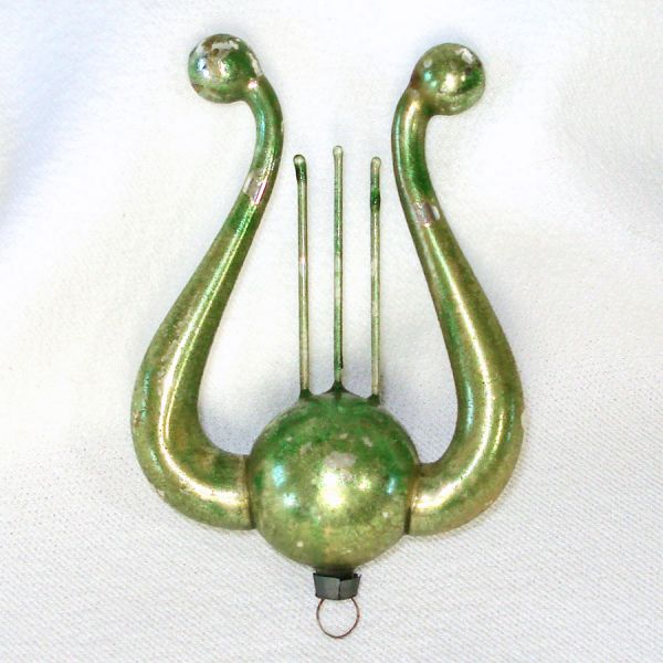 Antique German Blown Glass Lyre Christmas Ornament Green #2