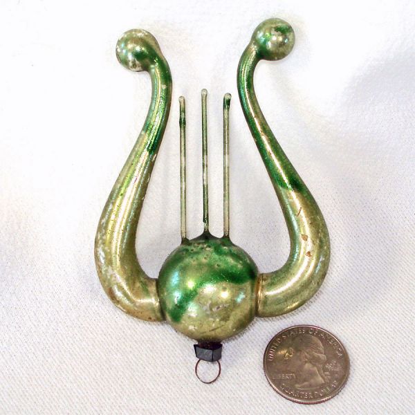 Antique German Blown Glass Lyre Christmas Ornament Green #3