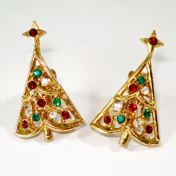 Rhinestone Christmas Tree Clip Earrings