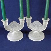 Iris and Herringbone Jeannette Glass Pair Double Candlesticks