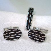 Black Silvertone Lines Cufflinks and Tie Clip Set