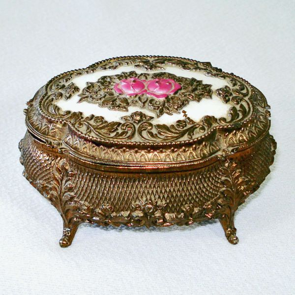 Enameled Pink Roses Metal Jewelry Casket