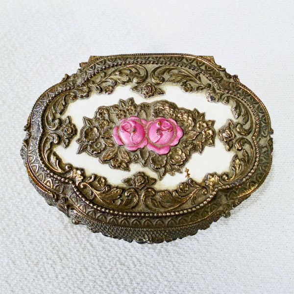 Enameled Pink Roses Metal Jewelry Casket #2