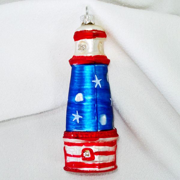 Patriotic Lighthouse Glass Christmas Ornament #2