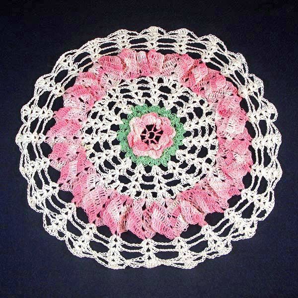 Crocheted Lacy Rose Pink and White Ruffled Doily