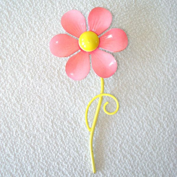 Enameled Pink Yellow Flower Power Brooch 60s Mod