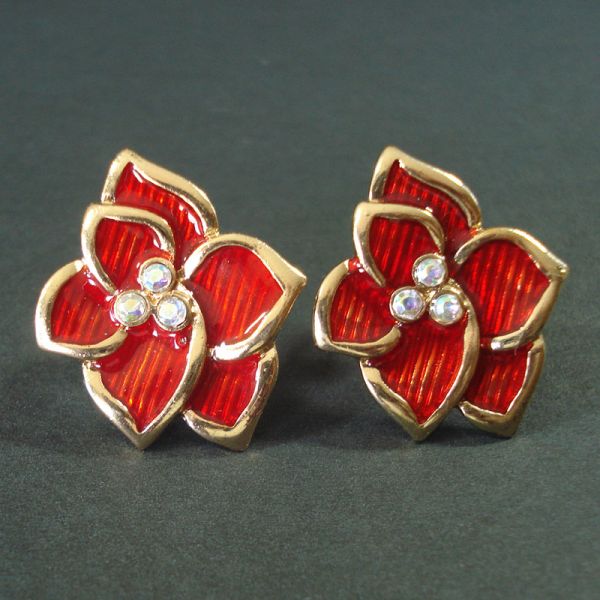 Red Enamel Flower With Rhinestones Clip Earrings