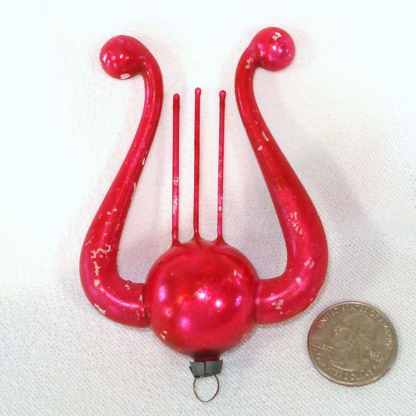 Antique German Blown Glass Lyre Christmas Ornament Red #2