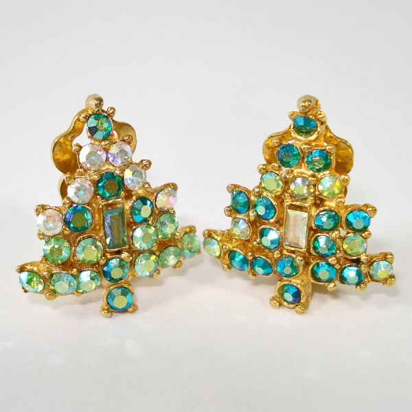 Shades of Green AB Rhinestone Christmas Tree Clip Earrings