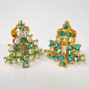 Shades of Green AB Rhinestone Christmas Tree Clip Earrings