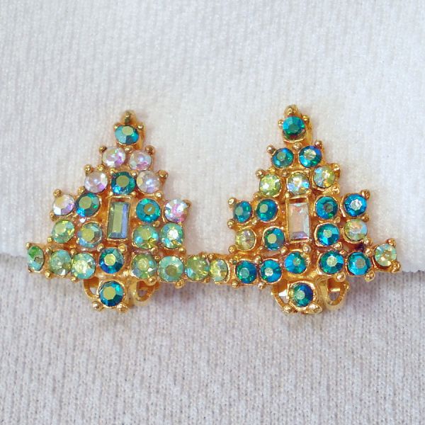 Shades of Green AB Rhinestone Christmas Tree Clip Earrings #2