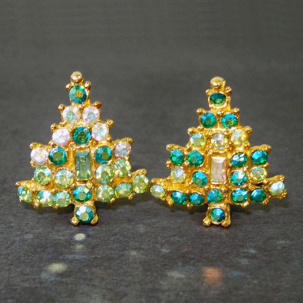 Shades of Green AB Rhinestone Christmas Tree Clip Earrings #4