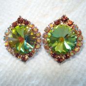 Rivoli Rhinestone Olivine Green Clip Earrings