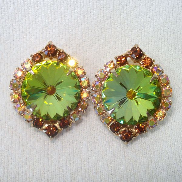 Rivoli Rhinestone Olivine Green Clip Earrings #2