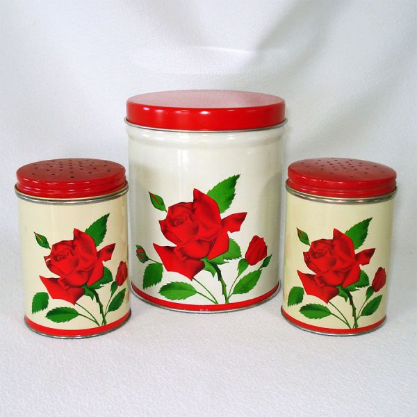 Red Roses Tin Litho Salt Pepper Shakers, Kitchen Canister