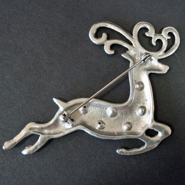 Leaping Reindeer Pewter Tone Christmas Brooch or Pin #2