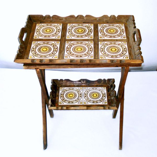 Mexican Tile Carved Wood Double Tray Table