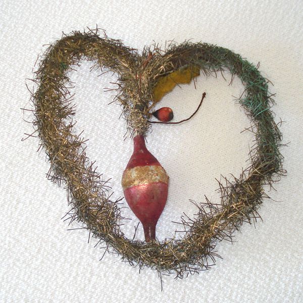 Victorian Tinsel and Glass Heart Christmas Ornament #2