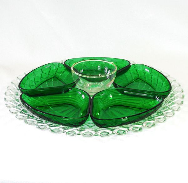 Anchor Hocking Crystal Green 7 Piece Relish Server #2