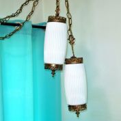 Mid Century White Glass Double Pendant Hanging Swag Lamps