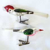 2 West Germany Clip Bird Ornaments Spun Glass Tails