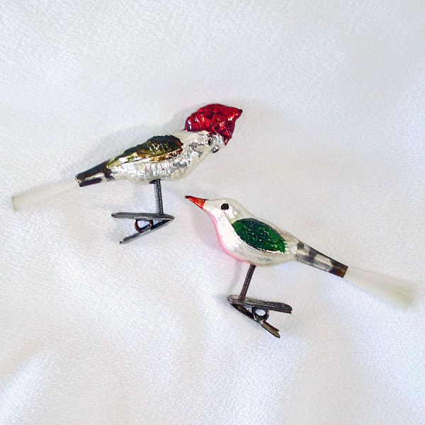 2 West Germany Clip Bird Ornaments Spun Glass Tails #2