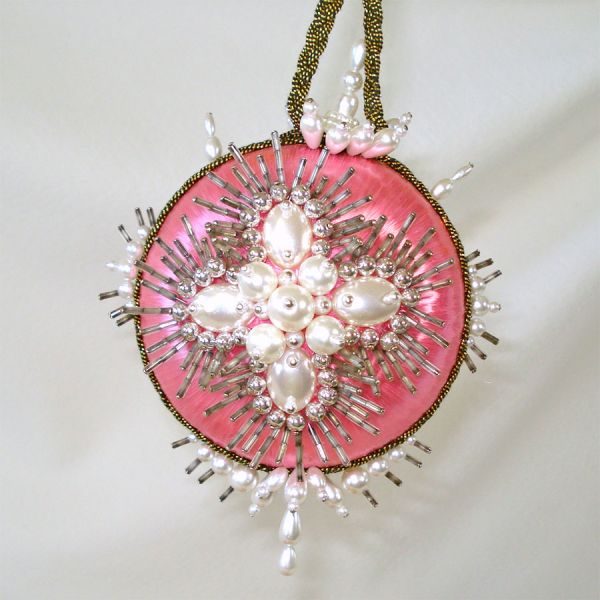 2 Fancy Pink Pin Beaded Sequin Christmas Ornaments #2