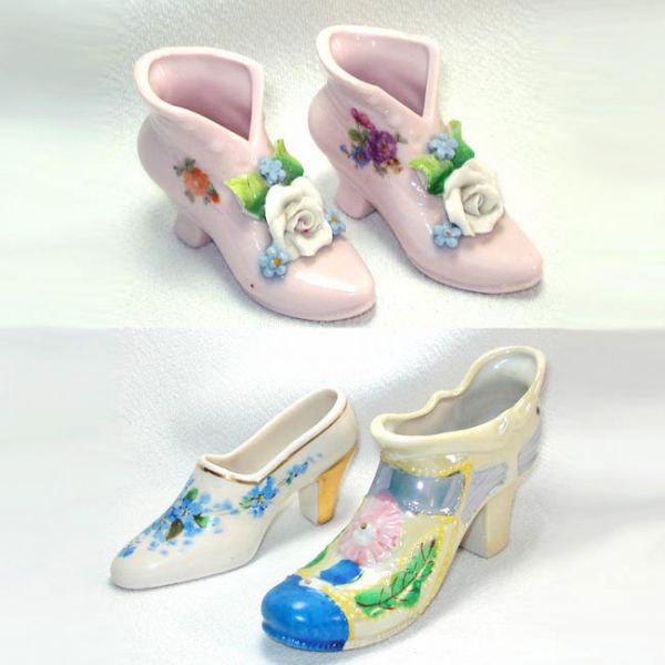 4 Decorative Flowered Porcelain Shoe Slipper Figurines #1